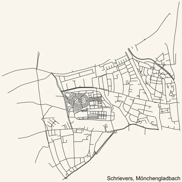 Alman bölgesel başkenti Mnchengladbach, Almanya 'nın klasik bej arka planında yer alan SCHRIEVERS DISTRICT şehir haritasının ayrıntılı navigasyon kara hatları