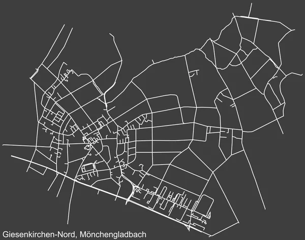 Alman bölgesel başkenti Mnchengladbach, Almanya 'nın GIESENKIRCHEN-NORD DISTRICT şehir haritasının beyaz çizgileri koyu gri arka plan üzerine
