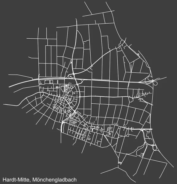 Alman bölgesel başkenti Mnchengladbach, Almanya 'nın HARDT-MITTE DISTRICT şehir haritasının beyaz çizgileri koyu gri arka planda