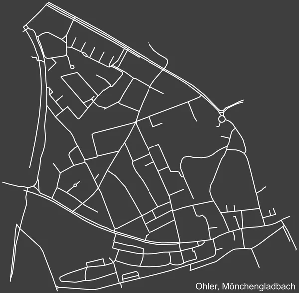 Alman bölgesel başkenti Mnchengladbach, Almanya 'nın OHler DISTRICT şehir haritasının beyaz çizgileri koyu gri arka planda