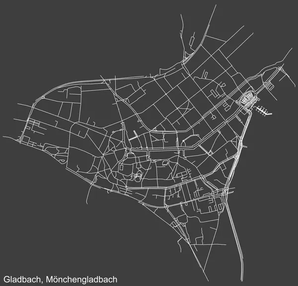 Alman bölgesel başkenti Mnchengladbach, Almanya 'nın GLADBACH DISTRICT şehir haritasının beyaz çizgileri koyu gri arka planda