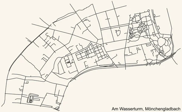 Navegação Detalhada Black Lines Urban Street Roads Mapa Wasserturm District — Vetor de Stock