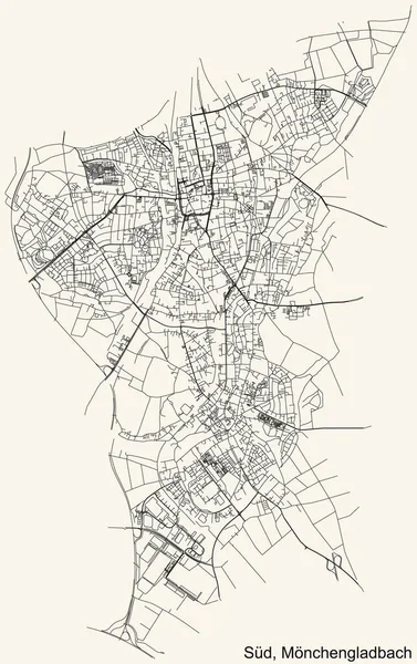 Alman bölgesel başkenti Mnchengladbach, Almanya 'nın klasik bej arka planında yer alan SD BOROUGH şehir haritasının ayrıntılı navigasyon siyah hatları