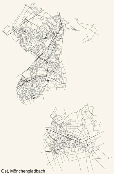 Alman bölgesel başkenti Mnchengladbach 'ın OST BOROUGH şehir haritasının ayrıntılı navigasyon siyah hatları klasik bej arka planda Almanya