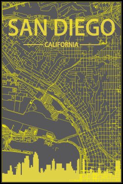 Yellow printout city poster with panoramic skyline and streets network on dark gray background of the downtown SAN DIEGO, CALIFORNIA