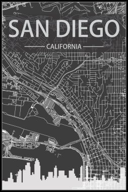 Dark printout city poster with panoramic skyline and streets network on dark gray background of the downtown SAN DIEGO, CALIFORNIA