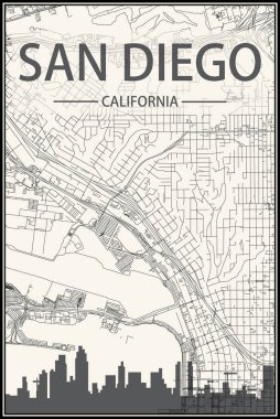 Light printout city poster with panoramic skyline and streets network on vintage beige background of the downtown SAN DIEGO, CALIFORNIA