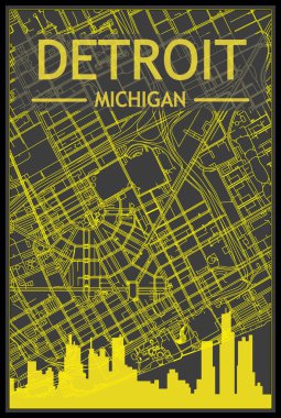 Şehir merkezindeki DETROIT, MICHIGAN 'ın koyu gri arka planında panoramik siluet ve sokak ağlı sarı baskı şehir posteri