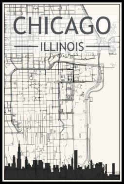Şehir merkezindeki ChICAGO ILLINOIS 'un klasik bej arka planında panoramik siluet ve sokak ağına sahip açık renkli şehir posteri
