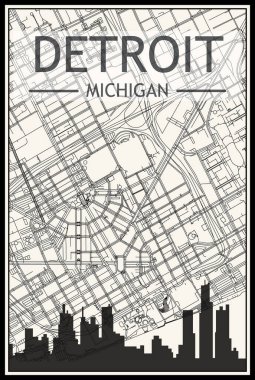 Şehir merkezindeki DETROIT, MICHIGAN 'ın klasik bej arka planında panoramik siluet ve sokak ağına sahip hafif çıktılı şehir posteri