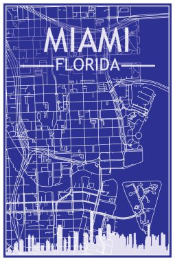 MIAMI, FLORIDA şehir merkezinin mavi arka planında panoramik siluet ve cadde ağlı şehir posterleri.