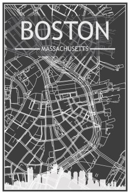 Şehir merkezindeki BOSTON, MASSACHUSETTS 'in koyu gri arka planında panoramik siluet ve sokak ağlı koyu renkli şehir posterleri.