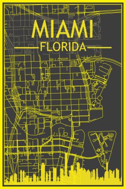 Sarı renkli şehir posteri panoramik silueti ve şehir merkezi MIAMI 'nin koyu gri arka planında sokak ağı, FLORIDA