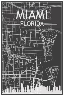 MIAMI, FLORIDA şehir merkezinin koyu gri arka planında panoramik siluet ve sokak ağlı koyu renkli şehir posteri