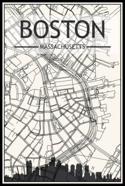 Şehir merkezindeki BOSTON, MASSACHUSETTS 'in klasik bej arka planında panoramik silueti ve sokak ağı olan hafif yazdırılmış şehir posteri