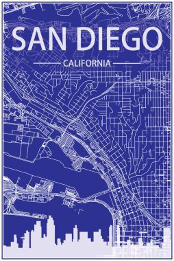 Technical drawing printout city poster with panoramic skyline and streets network on blue background of the downtown SAN DIEGO, CALIFORNIA