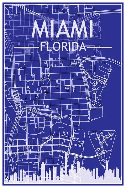 MIAMI, FLORIDA şehir merkezinin mavi arka planında panoramik siluet ve cadde ağlı şehir posterleri.