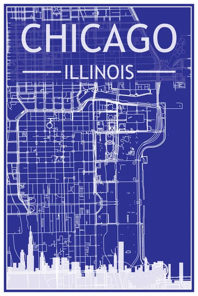Şikago şehir merkezi ILLINOIS 'un mavi arka planında panoramik siluet ve sokak şebekesine sahip şehir posterinin teknik çıktısı.