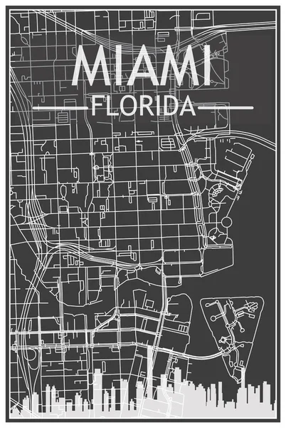 MIAMI, FLORIDA şehir merkezinin koyu gri arka planında panoramik siluet ve sokak ağlı koyu renkli şehir posteri