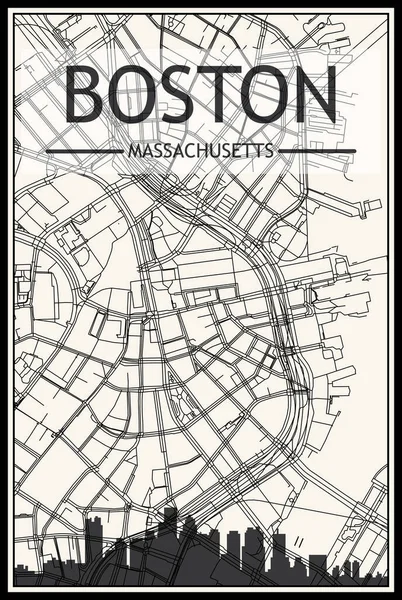 Şehir merkezindeki BOSTON, MASSACHUSETTS 'in klasik bej arka planında panoramik silueti ve sokak ağı olan hafif yazdırılmış şehir posteri