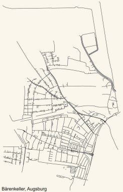 Detailed navigation black lines urban street roads map of the BRENKELLER BOROUGH of the German regional capital city of Augsburg, Germany on vintage beige background