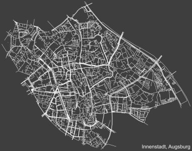 Alman bölgesel başkenti Augsburg, Almanya 'nın INNENSTADT BOROUGH' un karanlık gri arka plan üzerindeki şehir caddelerinin detaylı haritası