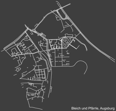 Detailed negative navigation white lines urban street roads map of the BLEICH UND PFRRLE DISTRICT of the German regional capital city of Augsburg, Germany on dark gray background