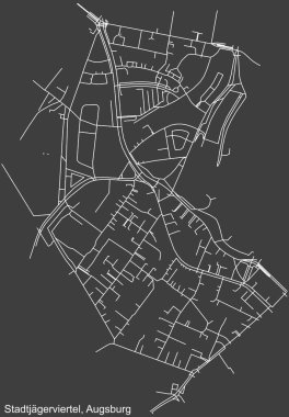Detailed negative navigation white lines urban street roads map of the STADTJGERVIERTEL DISTRICT of the German regional capital city of Augsburg, Germany on dark gray background