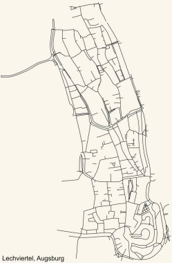 Alman bölgesel başkenti Augsburg, Almanya 'nın klasik bej arkaplanlı LECHVIERTEL DISTRICT şehir haritasının ayrıntılı navigasyon siyah hatları