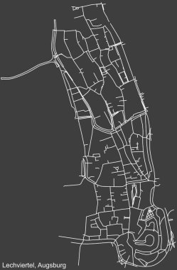 Detailed negative navigation white lines urban street roads map of the LECHVIERTEL DISTRICT of the German regional capital city of Augsburg, Germany on dark gray background