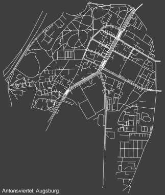 Detailed negative navigation white lines urban street roads map of the ANTONSVIERTEL BOROUGH of the German regional capital city of Augsburg, Germany on dark gray background