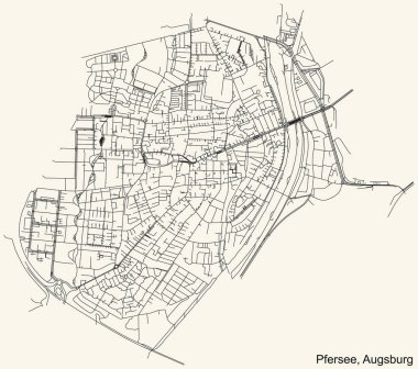Alman bölgesel başkenti Augsburg, Almanya 'nın PFERSEE BOROUGH kentinin klasik bej arkaplan üzerindeki kentsel sokak haritasının ayrıntılı navigasyon siyah hatları