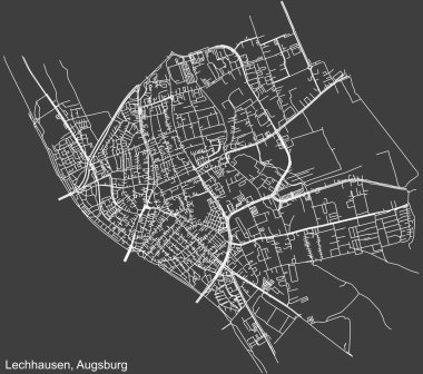 Alman bölgesel başkenti Augsburg, Almanya 'nın LECHHAUSEN BOROUGH' un şehir caddeleri haritasının koyu gri arka planına ilişkin ayrıntılı negatif navigasyon beyaz çizgileri