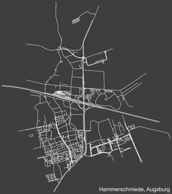Alman bölgesel başkenti Augsburg, Almanya 'daki HAMMERSCHMIEDE BOROUGH' un şehir caddelerinin haritası, koyu gri arkaplan üzerine ayrıntılı olumsuz seyrüsefer.