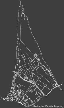 Detailed negative navigation white lines urban street roads map of the RECHTS DER WERTACH DISTRICT of the German regional capital city of Augsburg, Germany on dark gray background