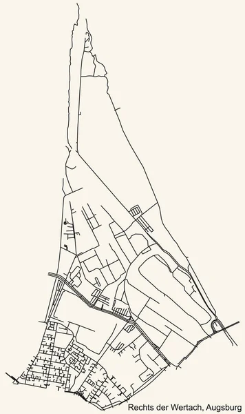 Detaillierte Navigation Schwarze Linien Stadtstraßenplan Der Rechts Der Wertach District — Stockvektor