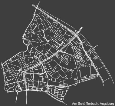 Detailed negative navigation white lines urban street roads map of the AM SCHFFLERBACH DISTRICT of the German regional capital city of Augsburg, Germany on dark gray background