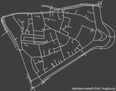 Detailed negative navigation white lines urban street roads map of the JAKOBERVORSTADT  SD DISTRICT of the German regional capital city of Augsburg, Germany on dark gray background