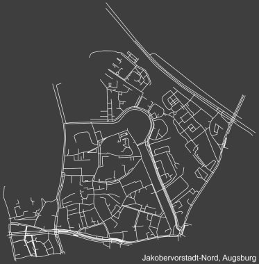 Alman bölgesel başkenti Augsburg, Almanya 'nın JAKOBERVORSTADT NORD DISTRICT' nin şehir caddeleri haritasının ayrıntılı olumsuz seyrüsefer beyaz çizgileri koyu gri arka planda