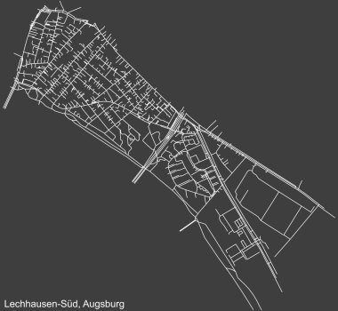 Alman bölgesel başkenti Augsburg, Almanya 'nın LECHHAUSEN-SD DISTRICT şehir haritasının beyaz çizgileri koyu gri arka plan üzerine ayrıntılı olarak çizildi