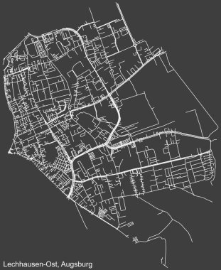 Detailed negative navigation white lines urban street roads map of the LECHHAUSEN-OST DISTRICT of the German regional capital city of Augsburg, Germany on dark gray background