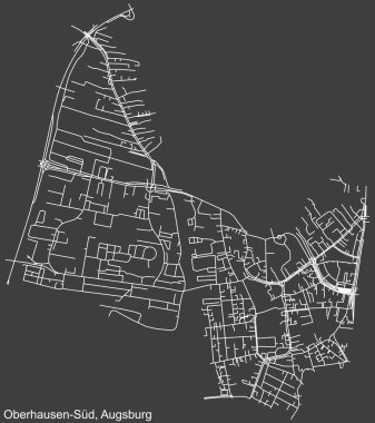 Detailed negative navigation white lines urban street roads map of the OBERHAUSEN-SD DISTRICT of the German regional capital city of Augsburg, Germany on dark gray background