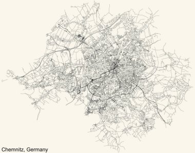 Alman bölgesel başkenti CHEMNITZ, GERMANY 'nin klasik bej arka plan üzerindeki kentsel sokak haritasının ayrıntılı navigasyon siyah hatları