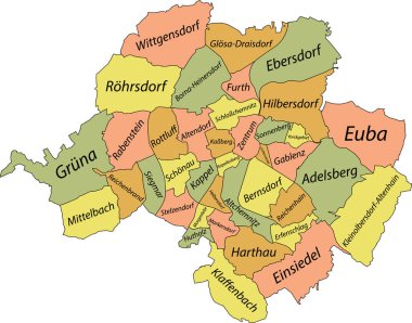 Pastel düz vektör idari haritası CHEMNITZ, GERMANY kendi bölgelerinin isim etiketleri ve siyah sınır çizgileri ile