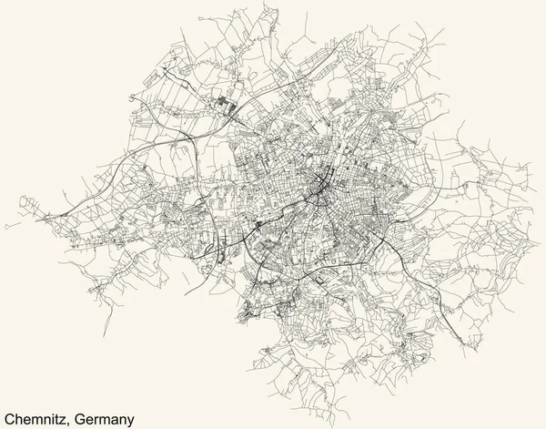 Alman bölgesel başkenti CHEMNITZ, GERMANY 'nin klasik bej arka plan üzerindeki kentsel sokak haritasının ayrıntılı navigasyon siyah hatları