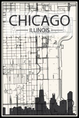 Şehir merkezindeki ChICAGO ILLINOIS 'un klasik bej arka planında panoramik siluet ve sokak ağına sahip açık renkli şehir posteri
