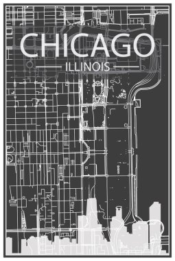 Dark printout city poster with panoramic skyline and streets network on dark gray background of the downtown CHICAGO, ILLINOIS