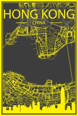 Sarı baskılı şehir posteri panoramik siluet çizgisi ve sokak ağı Hong KONG, Çin merkezinin koyu gri arka planında