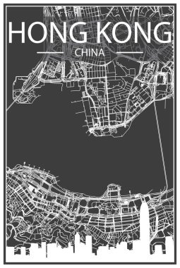 Karanlık baskı şehir posteri panoramik silueti ve sokak ağı Hong KONG, Çin merkezinin koyu gri arka planında.
