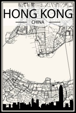 Açık renkli şehir posteri panoramik silueti ve klasik bej arka planlı sokak ağı Hong KONG, ÇİN